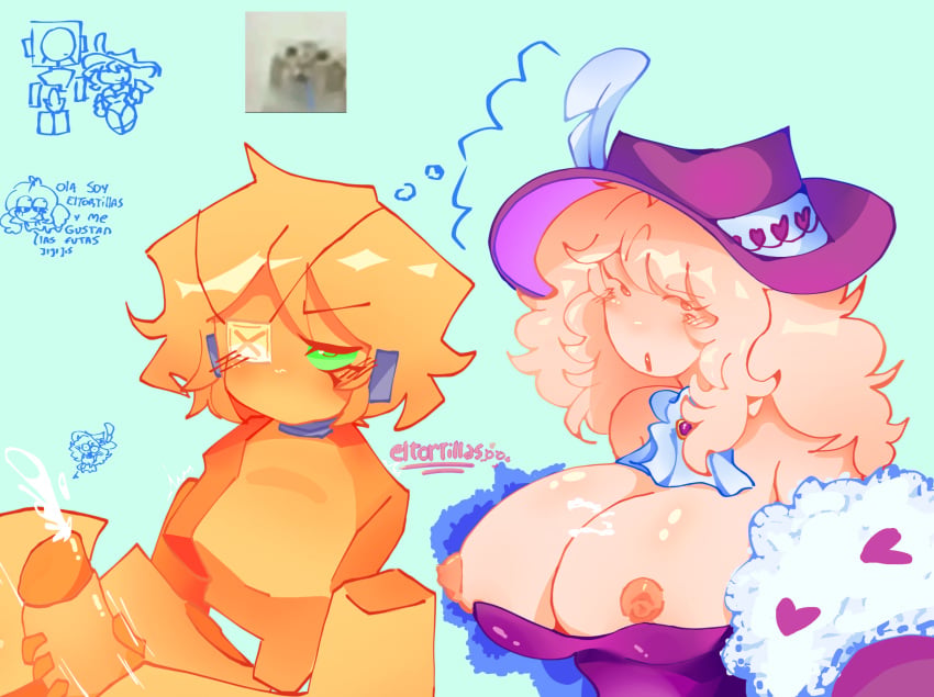 blonde_hair bunnysuit cum_on_breasts die_of_death_(roblox) eltortillas_(artist) eyepatch futanari green_eyes harken_(die_of_death) huge_breasts loveshot_(die_of_death) masturbation nipple_slip roblox yellow_body