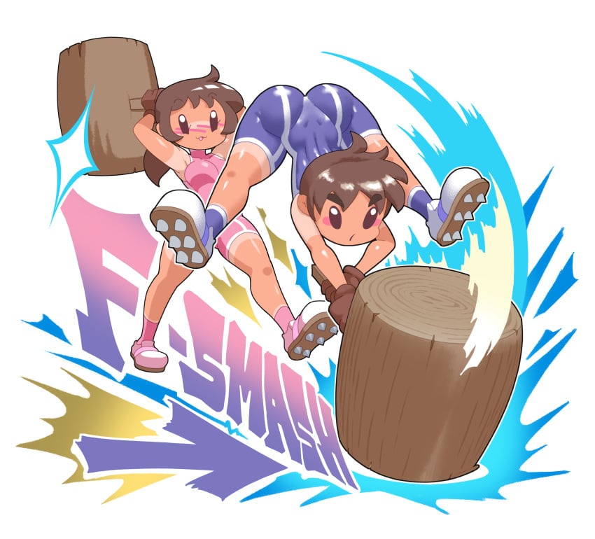 ass blush brown_hair female hammer ice_climber male mallet minus8 nana_(ice_climber) nintendo popo_(ice_climber) shoes socks super_smash_bros. tanned tanned_skin twintails unitard