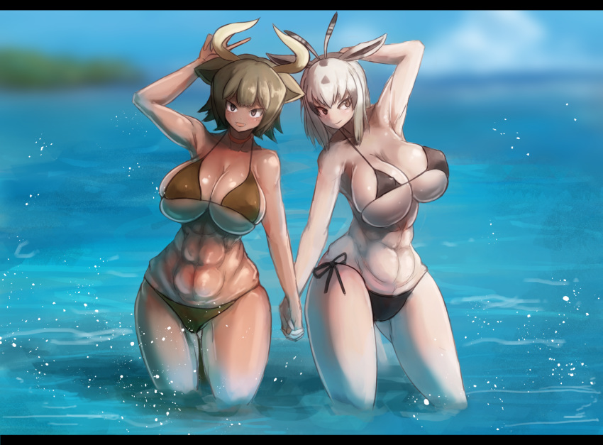 arabian_oryx_(kemono_friends) aurochs_(kemono_friends) beach bikini canvassolaris dark-skinned_female muscular_female