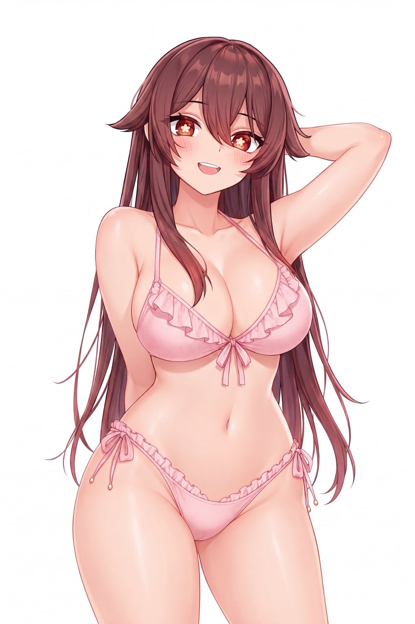 bikini brown_eyes brown_hair genshin_impact hand_up high_quality high_resolution hu_tao_(genshin_impact) large_breasts looking_at_viewer looking_pleasured pink_bikini smiling_at_viewer waifu2x
