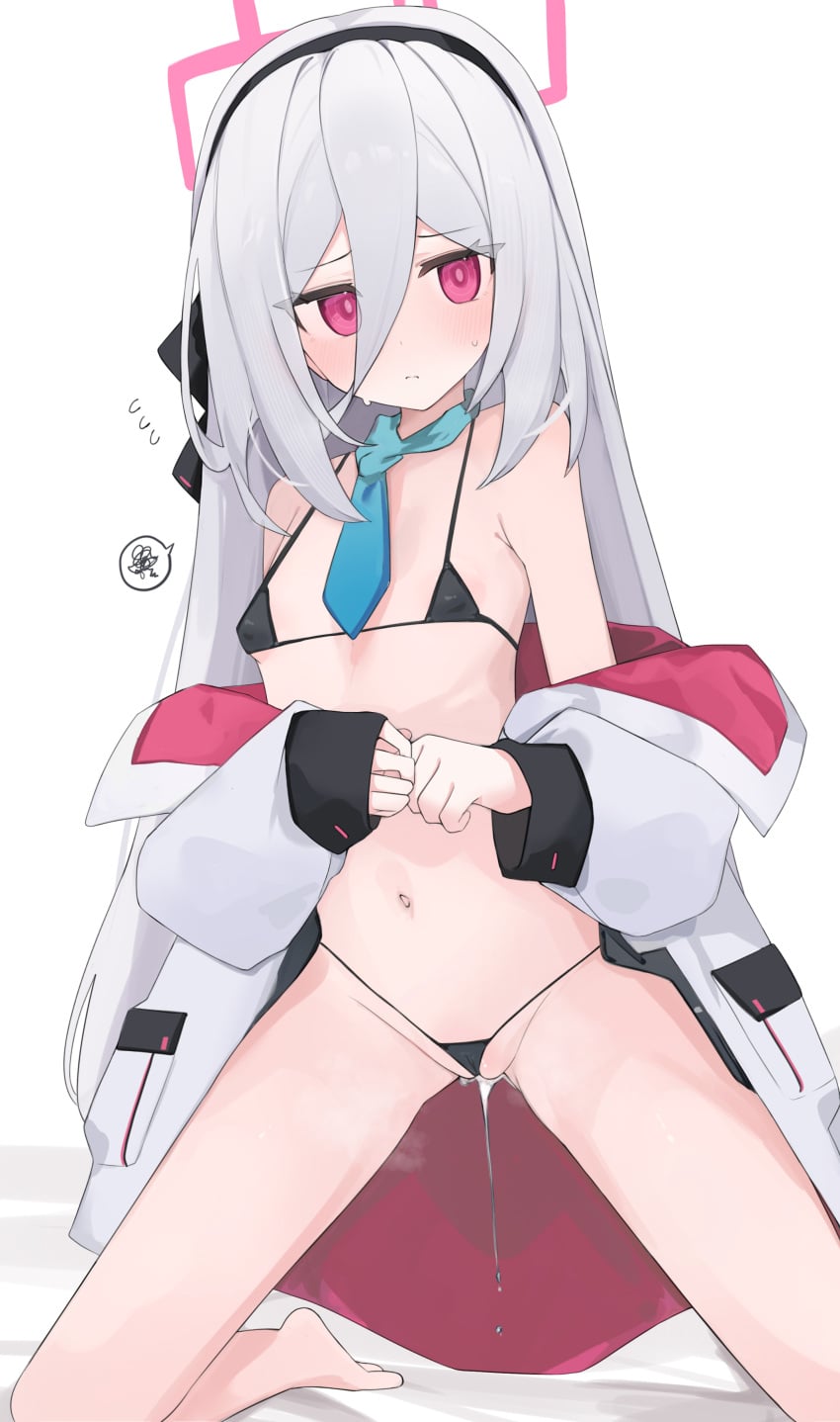 1girl absurdres bikini black_bikini blue_archive blue_necktie blush coat commentary_request flat_chest groin gu_meng_yin hair_between_eyes hairband halo highres kei_(blue_archive) kei_(student)_(blue_archive) kneeling long_hair looking_at_viewer navel necktie open_clothes open_coat pink_eyes pink_halo pussy_juice solo swimsuit thighs very_long_hair wedgie wet white_coat white_hair