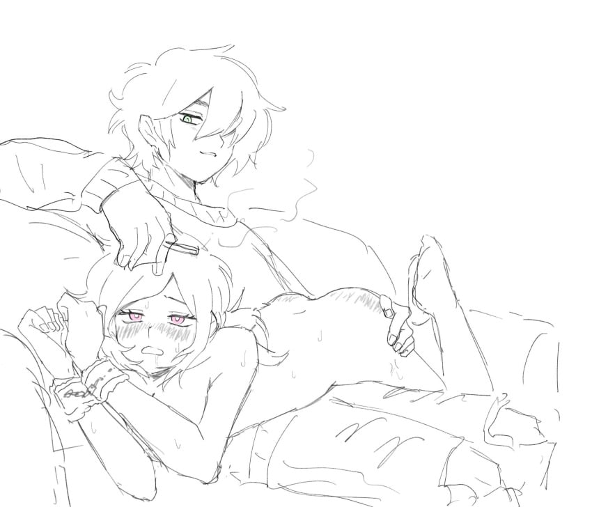 1boy 1girls 2d andrew_graves ashley_graves ass blush brother_and_sister cuffs female femsub green_eyes hand_on_ass incest lying_on_lap lying_on_person male maledom nude over_the_knee over_the_knee_spanking pink_eyes ponytail restrained siblings smoking smoking_cigarette straight the_coffin_of_andy_and_leyley zieisuisyoo