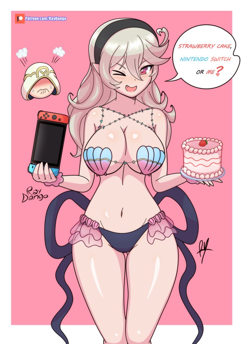 1boy 1girls alternate_costume ass_visible_through_thighs bikini breasts cake cleavage corrin_(female)_(fire_emblem) corrin_(female)_(summer)_(fire_emblem) corrin_(fire_emblem) corrin_(fire_emblem)_(female) english_text female female_focus fire_emblem fire_emblem_cipher fire_emblem_fates fire_emblem_heroes food kiran_(fire_emblem) kiran_(fire_emblem)_(male) male nintendo nintendo_switch official_alternate_costume one_eye_closed open_mouth raydango shell_bikini sideboob solo_focus swimsuit take_your_pick text underboob