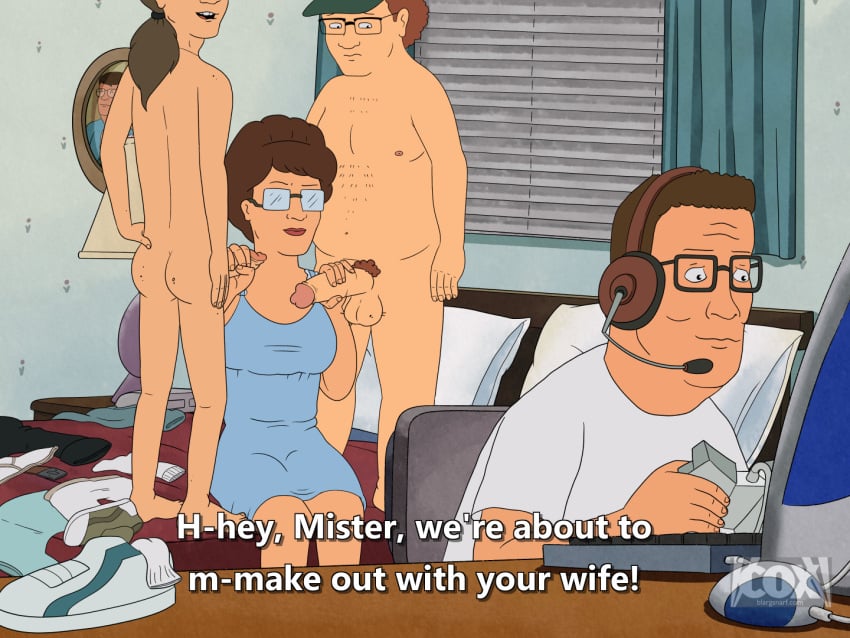 2boys balls blargsnarf brpwn_hair butt cuckold erection female femle glasses handjob hank_hill king_of_the_hill male naked peggy_hill penis sam_(koth) sneaky_sex straight student_game_developer unaware