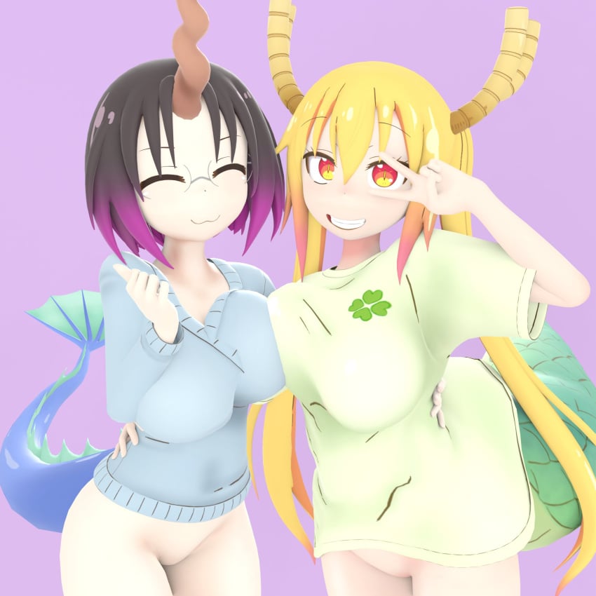 2girls 3d asymmetrical_docking black_hair blonde_hair blush bottomless burstingseas cute dragon_girl dragon_humanoid elma_(dragon_maid) female/female glasses horn horns long_hair medium_hair miss_kobayashi's_dragon_maid partially_clothed smile tail tohru_(dragon_maid) twintails wholesome yuri