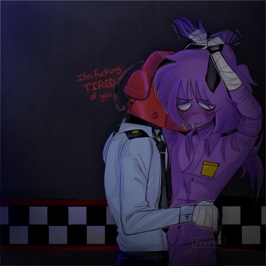 2boys anticipation before_sex five_nights_at_freddy's knemoun male/male male_only no_pupils phone_guy_(fnaf) pinned pinned_arms pinned_to_wall ponytail purple_body purple_clothing purple_guy_(fnaf) purple_hair purple_skin security_guard uniform vincent_(fnaf) wall