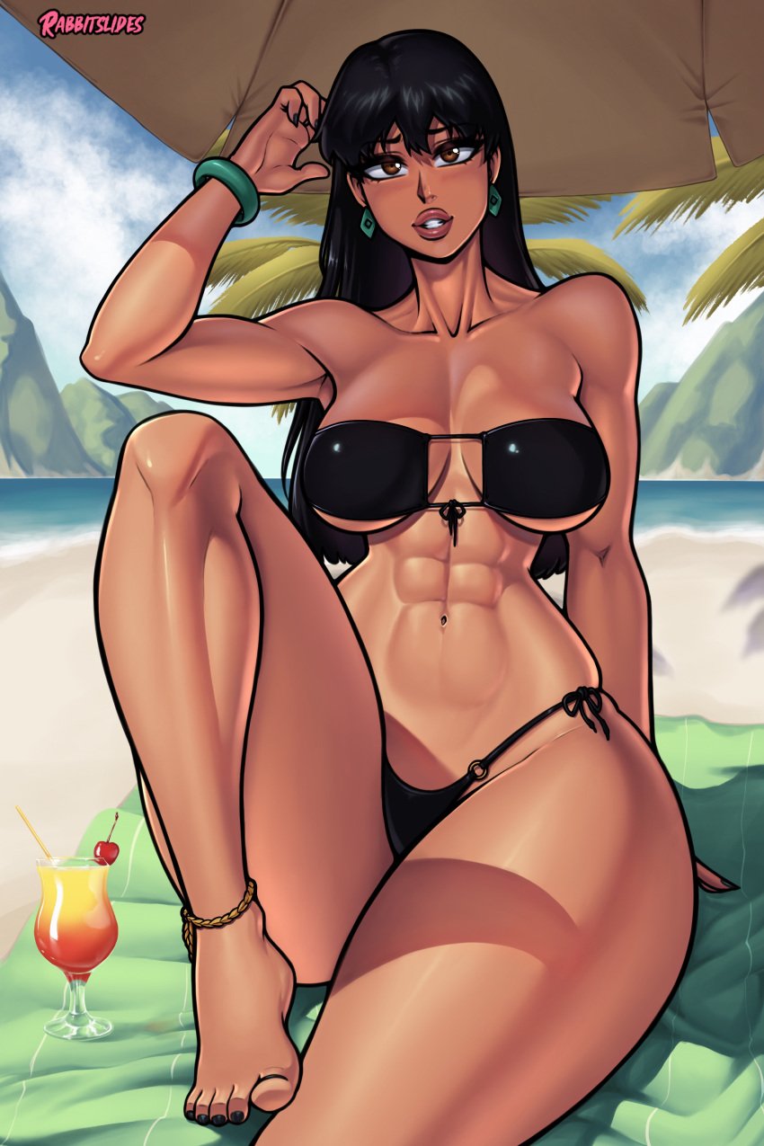 1girls abs absurdres anklet areolae arm_support artist_name bangs barefoot beach_towel beach_umbrella big_lips bikini bikini_bottom bikini_top black_hair black_nails blush bracelet breasts brown_eyes chel clothed clouds cocktail collarbone dark-skinned_female dark_skin dreamworks earrings feet female female_only goth_chel hair_between_eyes hourglass_figure human jewelry large_breasts long_hair looking_at_viewer mountains nail_polish navel palm_tree parted_lips rabbitslides sand seaside side-tie_bikini sitting sky solo the_road_to_el_dorado thick_thighs toenail_polish toes toned toned_female tree umbrella underboob wide_hips