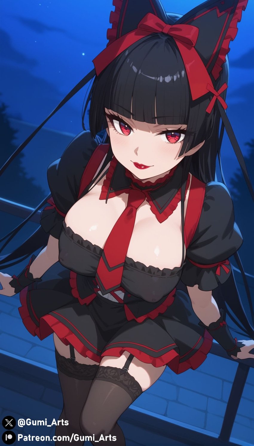 ai_generated alternate_body_type black_hair covered_nipples from_above gate_-_jieitai_ka_no_chi_nite_kaku_tatakaeri gothic_lolita gumi_arts hair_ribbon large_breasts looking_at_viewer night outdoors red_eyes red_lipstick rory_mercury stable_diffusion stockings