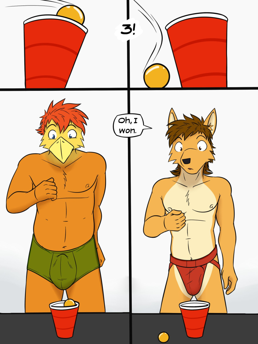 anthro avian beer_pong bird briefs briefs_only bulge canid canine canis chicken clothed clothing comic coyote detailed_bulge dialogue duo english_text fuze galliform gallus_(genus) genital_outline hi_res jockstrap jockstrap_only johnny_(texnatsu) male mammal mond_reyes nipples penis_outline phasianid solo_cup texnatsu text topless underwear underwear_only