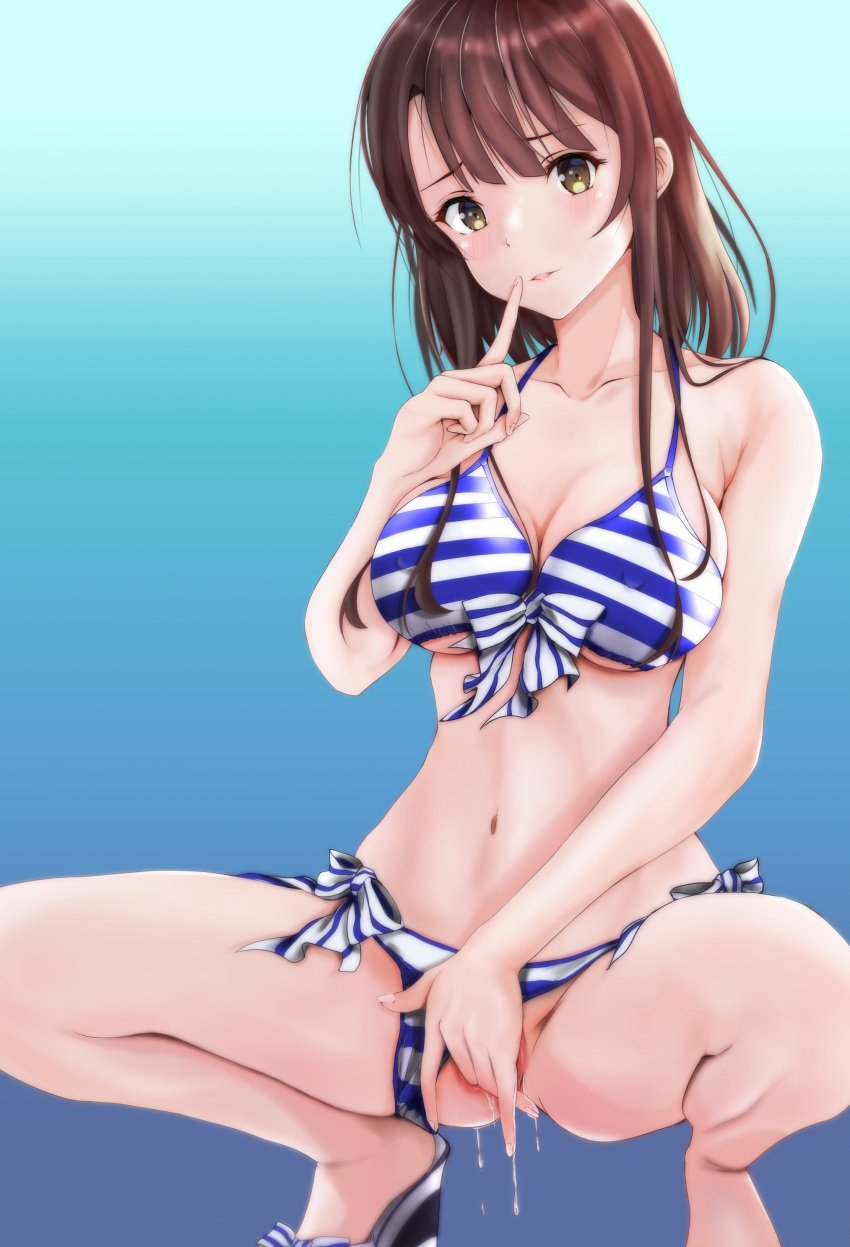 absurdres asymmetrical_bangs bikini bikini_bottom_aside blue_background blue_stripes bow bow_bikini breasts brown_hair cleavage clothing_aside collarbone commentary_request feet_out_of_frame female_masturbation finger_to_mouth fingering gradient_background highres katou_megumi masturbation medium_breasts medium_hair navel parted_lips pussy pussy_juice ritsumama_2013 saenai_heroine_no_sodatekata squatting striped_bikini striped_clothes swimsuit white_stripes yellow_eyes