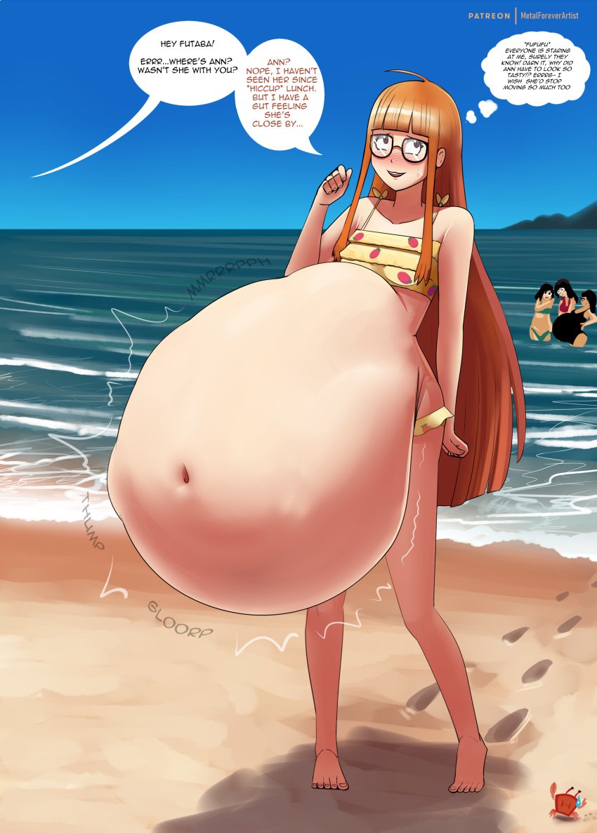 2020 4girls atlus bangs beach belly big_belly bikini blush clothed clothing detailed_background exhibitionism female glasses hiccuping huge_belly large_belly light_skin long_hair metalforever mostly_nude orange_hair outdoors outside persona persona_5 petite sakura_futaba same_size_vore sand slender_legs small_breasts solo_focus speech_bubble straight_hair sweatdrop swimsuit teenager vore water