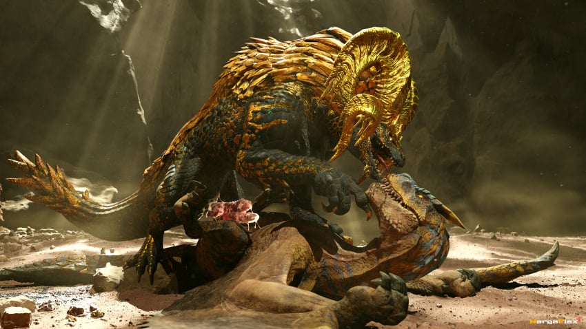 bodily_fluids capcom cum cum_on_penis dragon duo elder_dragon feral flying_wyvern frottage genital_fluids genitals gold_scales hi_res horn knot kulve_taroth licking looking_at_another lying male male/male monster_hunter mythological_creature mythological_scalie mythology nargaflex on_back penile penile_spines penis saliva saliva_on_tongue scalie sex tagme tigrex tongue yellow_horn