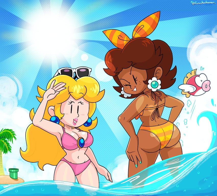 2females 2girls ass beach bikini bikini_bottom bikini_top black_eyes blonde_female blonde_hair blonde_hair_female blue_earrings blue_sky breasts brown_hair brown_hair_female cheep_cheep dark-skinned_female dark_skin earrings eyelashes female female_focus female_only fingernails flower_earrings funnyhoohooman hands_on_hips human island light-skinned_female mario_(series) nintendo orange_bikini orange_bikini_bottom orange_bikini_top painted_fingernails palm_tree pink_bikini pink_bikini_bottom pink_bikini_top pipes princess princess_daisy princess_peach sand sky sun sunglasses sunglasses_on_head sunlight tagme thighs water watermark waving white_skin wink winking winking_at_viewer