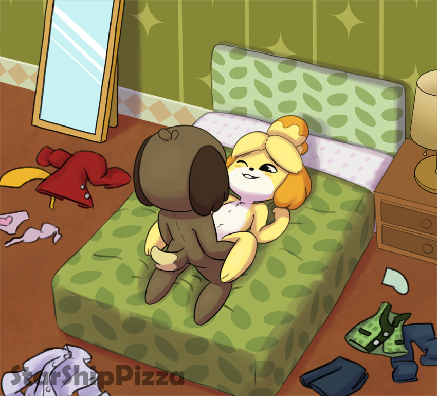 1boy 1girls 2019 animal_crossing animal_crossing_new_leaf animal_ears anthro anthrofied bed bedroom black_nose brother brother_and_sister brown_fur canid canine canis clothing cute digby_(animal_crossing) domestic_dog duo female fur incest inside isabelle_(animal_crossing) male mammal nintendo nude opposite_sex_twins penetration sex shih_tzu sibling sister smile starshippizza straight toy_dog video_games yellow_fur