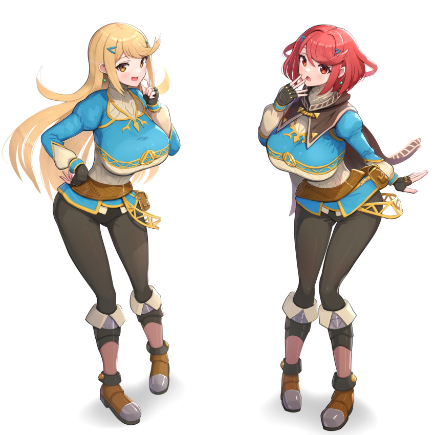 2girls big_breasts breath_of_the_wild cosplay gonzarez long_hair looking_at_viewer multiple_girls mythra princess_zelda_(cosplay) pyra short_hair simple_background tears_of_the_kingdom the_legend_of_zelda white_background xenoblade_(series) xenoblade_chronicles_2