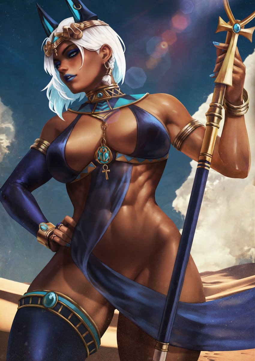 1girls abs absurd_res big_breasts blue_lipstick borrowed_character breasts dark-skinned_female dark_skin dessert egyptian_clothes eyeshadow female_human full_lips hi_res human jewelry large_breasts lipstick makeup mature_female monorirogue muscular muscular_female neema_(dandon_fuga) no_panties obliques original short_hair slim_waist thick_thighs thighhighs variant variant_set white_hair wide_hips