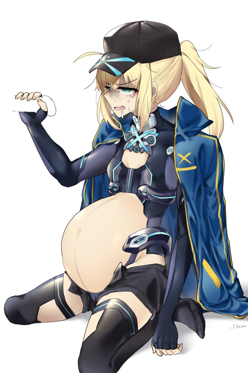 1boy 1girls big_belly bloated_belly blonde_hair blue_eyes clothed clothing color fate/grand_order fate_(series) female female_focus hat holding_penis male miserable morning_sickness mysterious_heroine_x nausea navel nitric_acid outie_navel penis penis_grab ponytail pregnant small_breasts uncomfortable