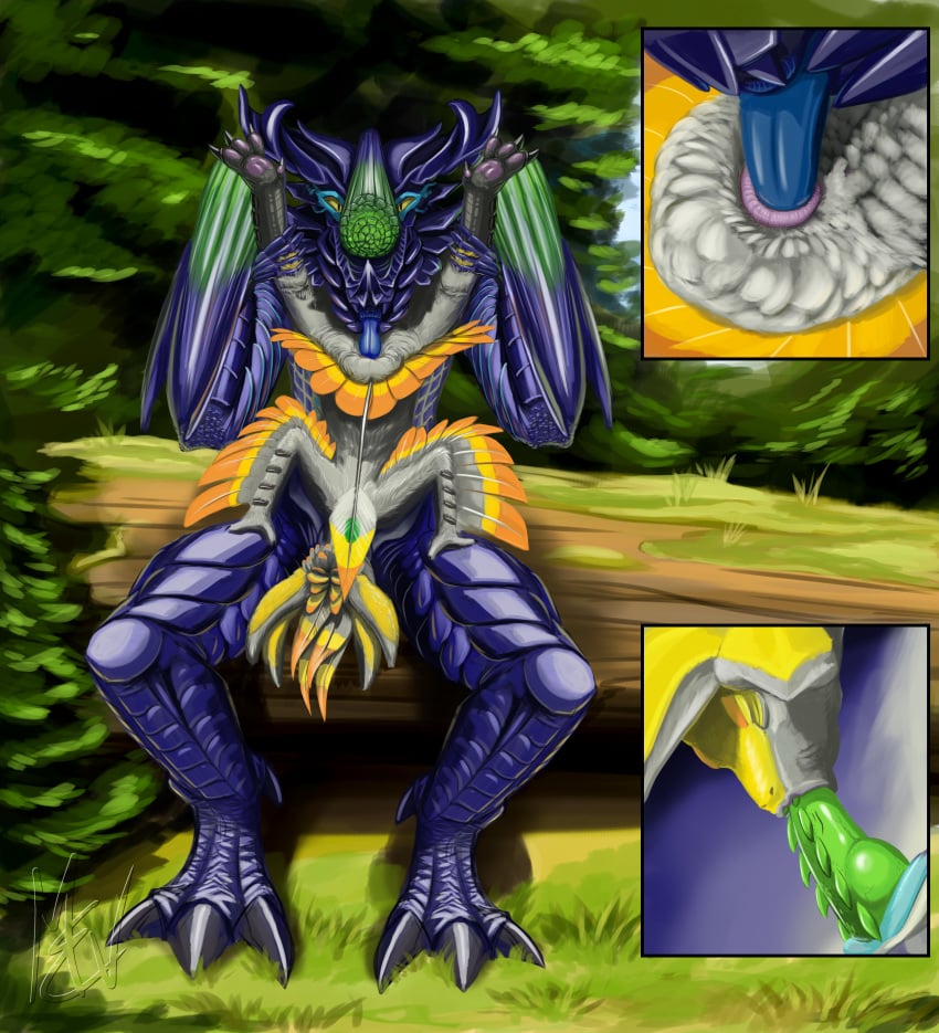 69_position absurd_res animal_genitalia ass avali avian barbed_penis brachydios brute_wyvern capcom claws cloaca cloacalingus detailed_background feathers feet forest hi_res kaali knot log moisteaglevent monster_hunter oral outside paws penis scales sex size_difference text tree upside-down video_games watermark wings wood