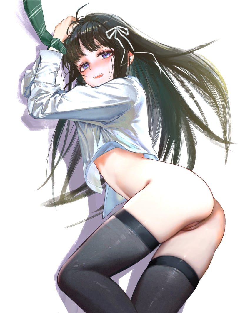 absurdres ahoge ass awa_subaru black_hair black_thighhighs blush bound bound_wrists c1718259 commentary_request female girls_band_cry green_necktie hair_ribbon highres long_hair long_sleeves looking_at_viewer necktie oerba_yun_fang open_mouth parted_bangs partial_commentary pussy pussy_peek ribbon shadow shirt sidelocks simple_background skindentation solo sweatdrop teeth thighhighs upper_teeth_only variant_set white_background white_ribbon white_shirt