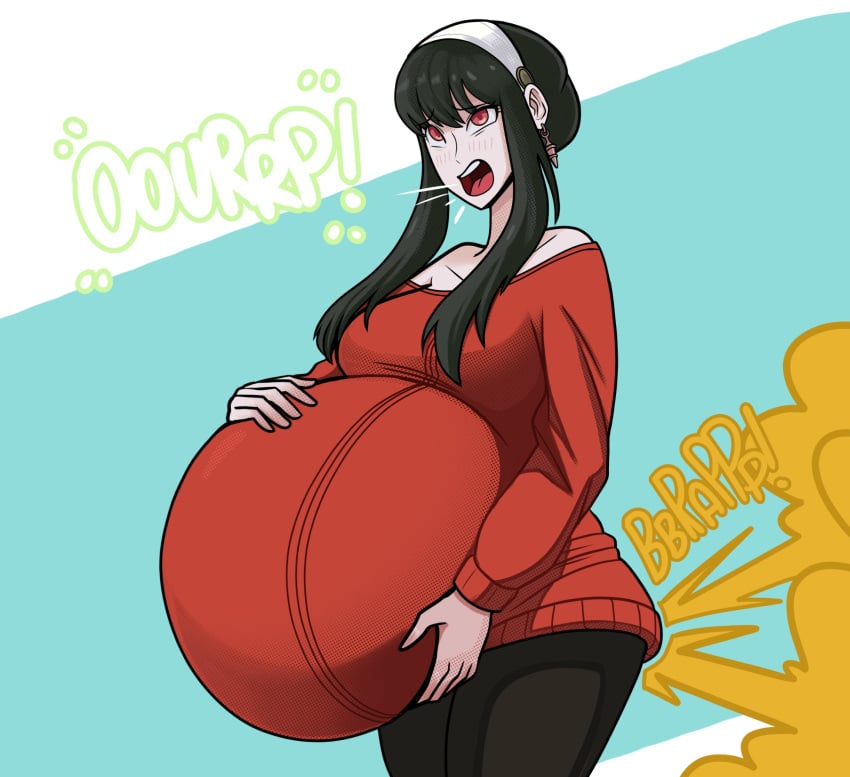 1girls big_belly black_hair bloated_belly blush both_ends burp burping clothed clothing color cradling earrings fart female female_only gassy holding_belly lolotron6 long_hair red_eyes spy_x_family stuffed_belly text yor_briar yor_forger