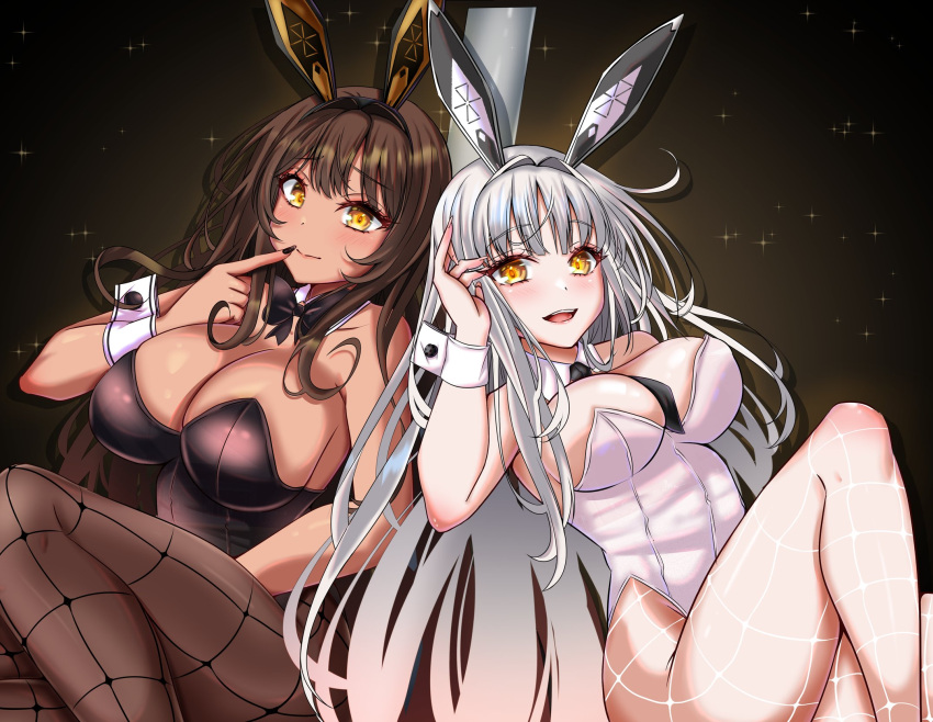 2girls blanc_(nikke) brown_hair bunny_ears bunnysuit cleavage dark-skinned_female dark_skin female_only fishnets goddess_of_victory:_nikke huge_breasts light-skinned_female light_skin long_hair noir_(nikke) on_floor open_mouth orange_eyes sitting upper_teeth white_hair