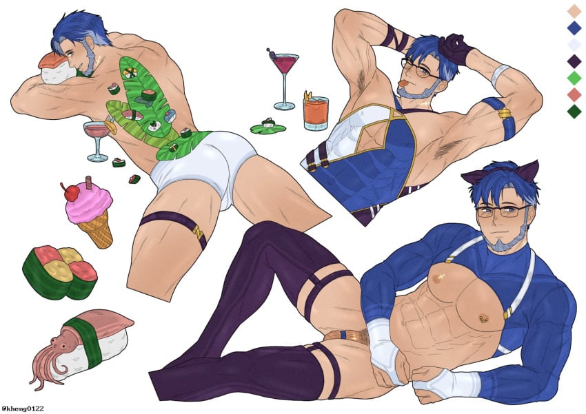 1boy abs animal_ears arm_belt armpit_hair armpits ass bara bare_pectorals beard black_gloves blue_eyes blue_hair briefs bulge cat_ears collage cropped_legs facial_hair fake_animal_ears food_in_mouth full_beard glasses gloves grey_hair highres kheng0122 large_pectorals looking_at_viewer lying male_focus male_only male_underwear mature_male multicolored_hair muscular muscular_male navel nipple_piercing nipples on_stomach pectorals penis penis_ribbon piercing ribbon seductive_smile short_hair shrug_(clothing) smile spread_legs stomach streaked_hair thick_eyebrows tsurime underwear white_male_underwear wuthering_waves yuanwu_(wuthering_waves)
