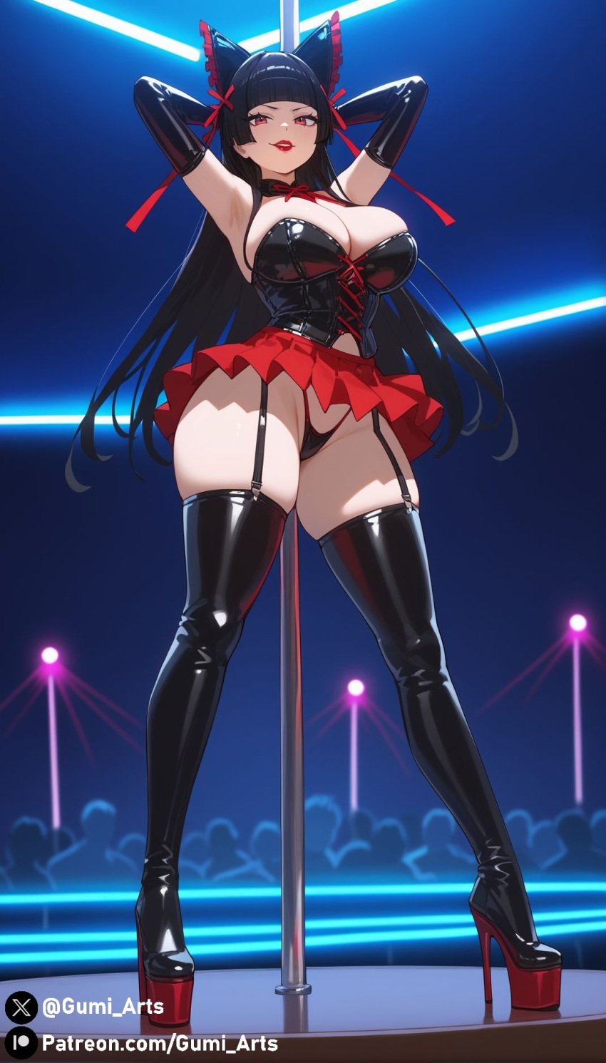 ai_generated alternate_body_type black_hair corset g_string gate_-_jieitai_ka_no_chi_nite_kaku_tatakaeri gumi_arts hair_ribbon indoors large_breasts naughty_face platform_footwear red_eyes red_lipstick rory_mercury skirt stable_diffusion stockings stripper stripper_pole thigh_boots