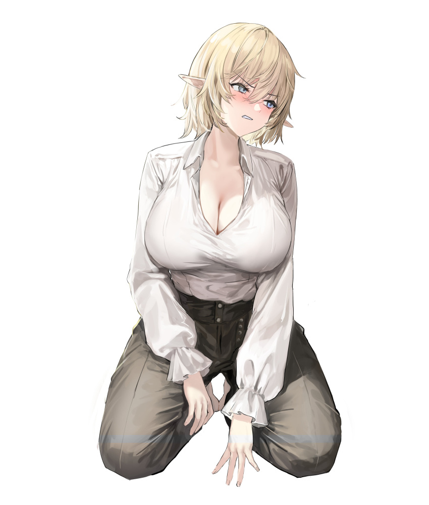 1girls absurdres angry bangs big_breasts black_legwear black_pants blonde_hair blouse blue_eyes breasts cleavage clenched_teeth collared_shirt elf eyebrows eyebrows_behind_hair eyelashes eyeliner feet female female_focus female_only full_body hair_between_eyes heterochromia high-waist_pants highres kneeling large_breasts lillly long_sleeves looking_away makeup on_knees open_mouth original pants parted_lips pointy_ears scowl shirt shirt_tucked_in short_hair simple_background solo tagme teeth white_background white_hair white_shirt