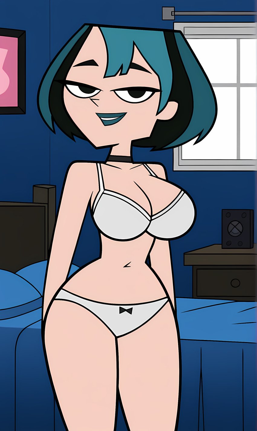 accurate_art_style ai_generated big_breasts bonnieaiart bra curvy_female gwen_(tdi) panties solo_female total_drama_island