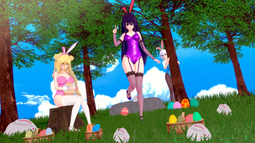 3girls big_breasts blonde_hair blue_eyes breasts bunny_ears bunnysuit cleavage date_a_live dr_xidan easter_egg female_only grass hoshimiya_mukuro light-skinned_female long_hair multiple_girls pantyhose purple_eyes purple_hair socks thighs tobiichi_origami trees white_hair yatogami_tohka yellow_eyes