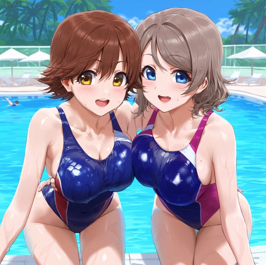 ai_generated ass blue_eyes breasts brown_hair competition_swimsuit honda_mio idolmaster large_breasts legs love_live! love_live!_sunshine!! multiple_girls one-piece_swimsuit short_hair swimsuit the_idolm@ster thighs watanabe_you yellow_eyes