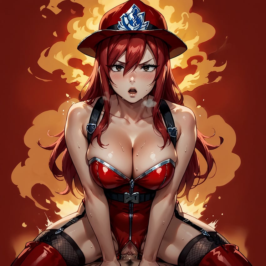 ai_generated big_breasts boots burning cleavage erza_scarlet fairy_tail firefighter leotard orgasm payop pony_diffusion_xl stockings v_arms vaginal_penetration vaginal_sex