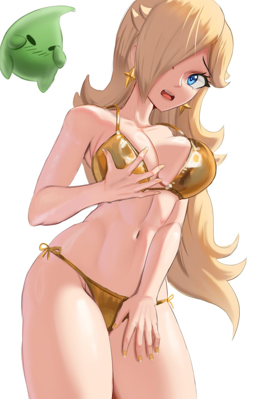 bikini blonde_hair blue_eyes breasts embarrassed female female_only gold_bikini hasenreag luma mario_(series) nintendo open_mouth princess_rosalina solo super_mario_galaxy