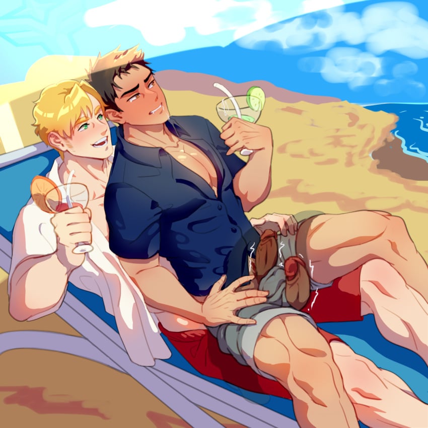 2boys alternate_costume ao_isami bara beach beach_umbrella black_hair black_hair_bottom blonde_hair blonde_hair_on_black_hair blonde_hair_top blush clothes_pull cocktail couple day domination facial_hair feet_out_of_frame highres lewis_smith light_hair_on_dark_hair male_focus male_swimwear multiple_boys ocean pectoral_cleavage pectorals penis_out sand shorts shorts_pull shy sideburns_stubble sitting sitting_on_lap sitting_on_person stubble sunsetcolorscat swim_trunks thick_eyebrows twitching_penis umbrella uncensored yaoi yuuki_bakuhatsu_bang_bravern