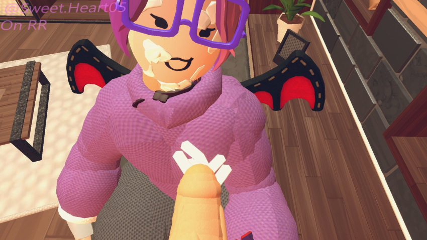 3d bat_wings cum_on_face demithefemboy05 femboy gay glasses rec_room rec_room_fba_(costume) splenda_(rec_room) staring_at_penis