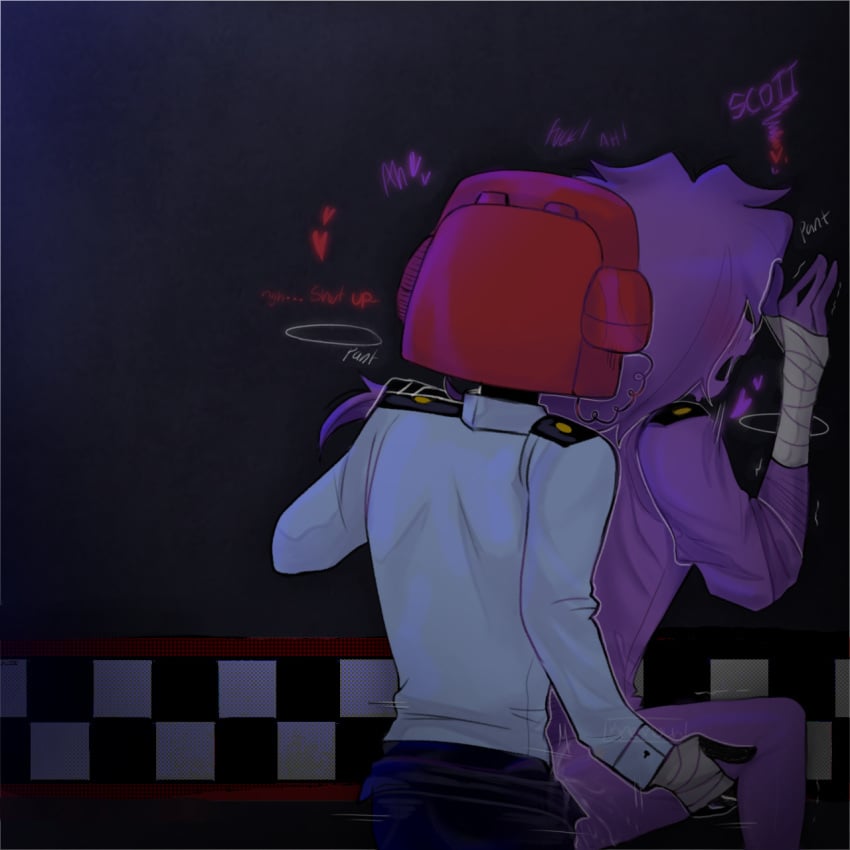 2boys ambiguous_penetration five_nights_at_freddy's from_behind knemoun male male/male male_only object_head phone_guy_(fnaf) phone_head pinned pinned_to_wall purple_body purple_clothing purple_guy_(fnaf) purple_hair purple_skin security_guard standing uniform vincent_(fnaf) wall_sex