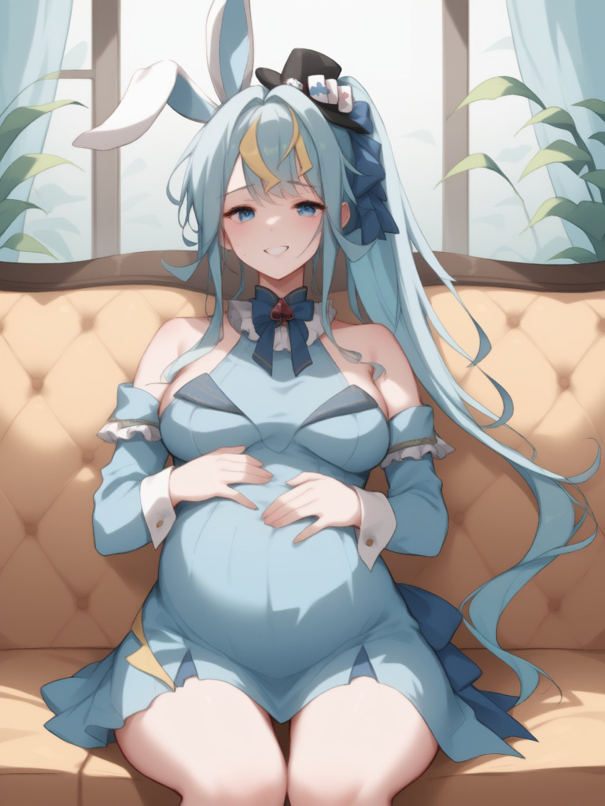 1girls ai_generated big_breasts blue_hair breasts bunny_ears clothed clothing female human kaminari_clara light-skinned_female light_skin phase_connect phase_connect_jp phase_kaleido pregnant sitting top_hat virtual_youtuber