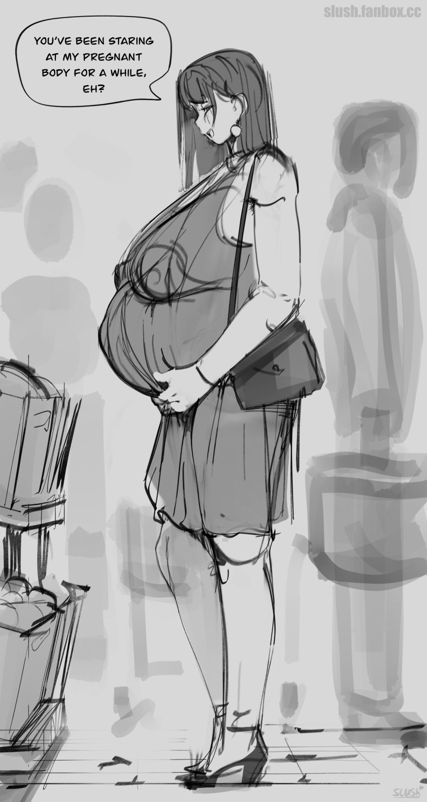 1girls 2d belly big_belly big_breasts breasts dialogue female gigantic_breasts nipples_visible_through_clothing pregnant public slush talking_to_viewer text