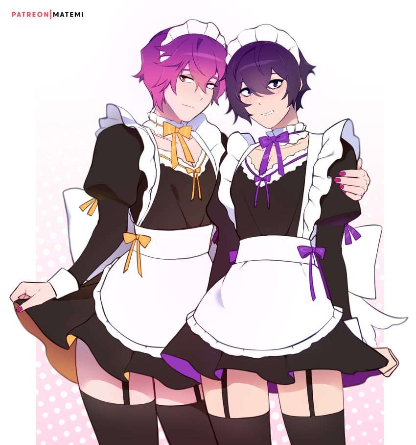 2boys artist_name black_hair crossdressing cute cute_male femboy garter_straps gay indie_virtual_youtuber maid_headdress maid_outfit maid_uniform male male_only male_with_painted_nails matemi multiple_boys nijisanji nijisanji_en painted_nails patreon_username purple_hair shoto thighhighs twink uki_violeta virtual_youtuber