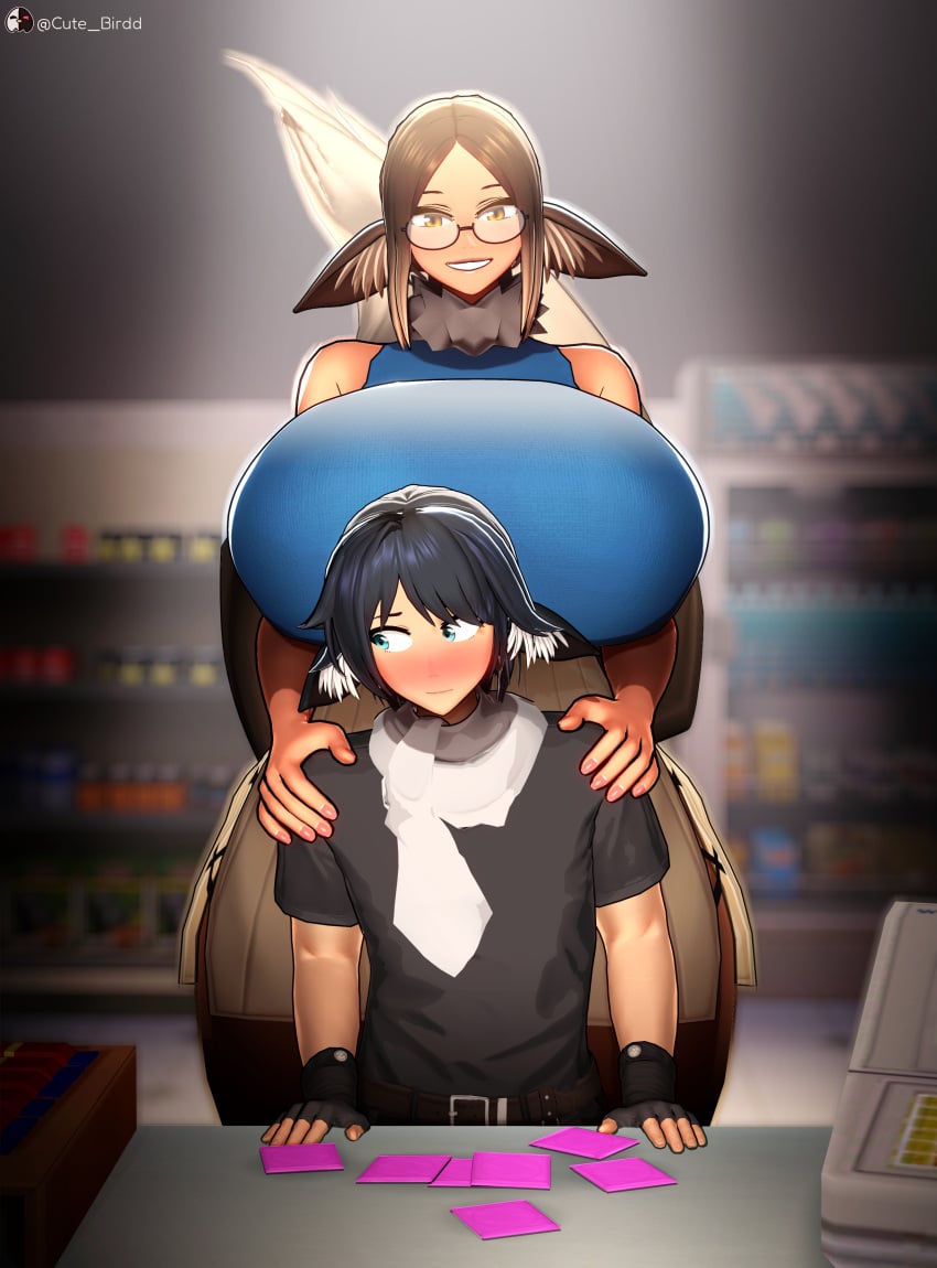 1boy 1girls 3d 3d_(artwork) animal_ear_fluff animal_ears arlent_fole_(cute_birdd) belt big_breasts big_thighs black_belt black_gloves black_pants black_shirt blue_eyes blush blushing breasts breasts_bigger_than_head brown_belt bulging_breasts clothed clothed_female clothed_male condom_wrapper condoms curvy curvy_figure cute_birdd dog_girl dog_tail female fingerless_gloves flustered_male glasses gloves hands_on_another's_shoulders heavy_blush height_difference hips_wider_than_shoulders huge_breasts indoors koikatsu large_breasts larger_female leather_belt light-skinned_female light-skinned_male light_skin looking_at_viewer male mature mature_female milf mommy_kink monster_boy monster_girl older_female original pov scarf short_sleeves shorter_male shy_male size_difference sleeveless smaller_male store t-shirt tagme tall_female taller_female taller_girl thick_thighs thighs unopened_condom_wrapper vera_oshi_(cute_birdd) voluptuous voluptuous_female white_scarf wholesome wide_hips yellow_eyes younger_male