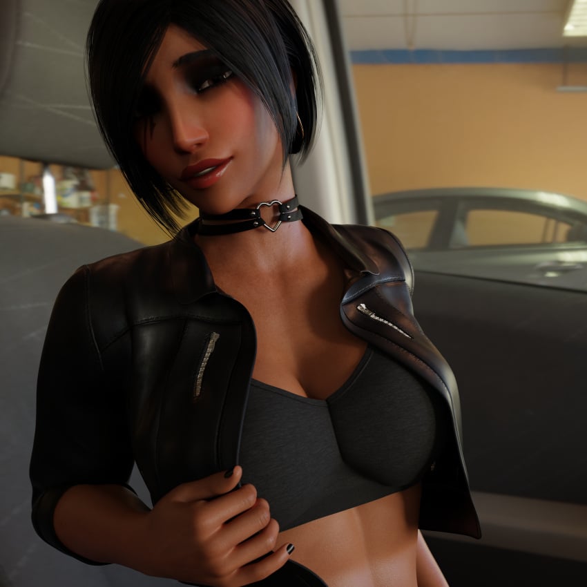 3d 3d_(artwork) 3d_model bangs blender blender_(software) blender_cycles blush bra car choker cleavage dommorama ear_piercing ear_ring earrings eyeliner female female_focus female_only fully_clothed hoop_earrings leather leather_jacket lipstick looking_at_viewer overwatch overwatch_2 painted_nails passenger passenger_seat pharah public sitting sports_bra tan_body tan_skin tattoo