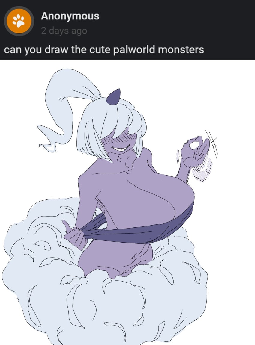 1_horn anthro big_breasts blush blush_lines bottomless breasts cleavage clothed clothing dazzi_(pal) dumdrummarty female genitals gesture grey_hair hair hair_over_eyes hi_res horn horned_humanoid huge_breasts humanoid looking_at_viewer navel pal_(species) palworld pocketpair ponytail purple_clothing purple_horn purple_topwear pussy simple_background smile solo text topwear white_background wide_hips