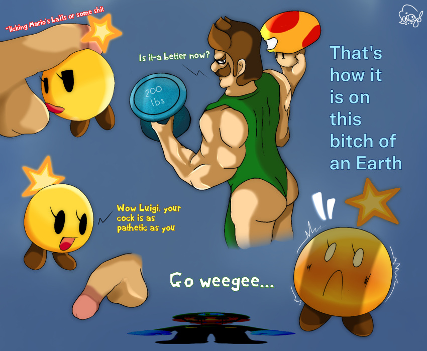 bad_anatomy buff cock_shock female high_resolution highres huge_penis licking_balls luigi male male_focus mario_(series) mario_and_luigi_(series) meme muscles muscular muscular_male penis penis_shadow shitpost small_penis sosigonal starlow text watermark weightlifting weights weird_penis