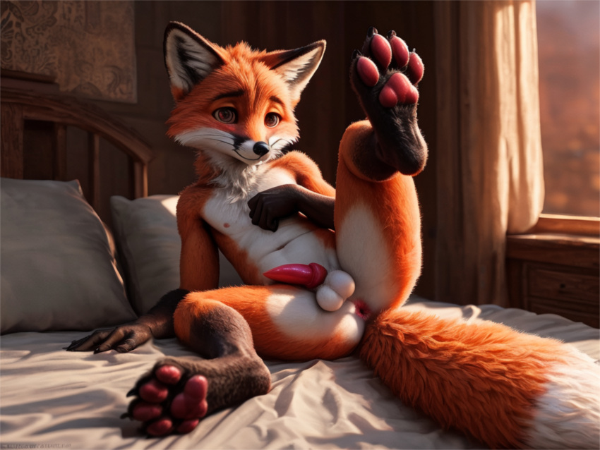 ai_generated animal_penis anthro bedroom cute cute_face cute_male fluffy_fur fox paws presenting presenting_anus presenting_penis shy younger_male