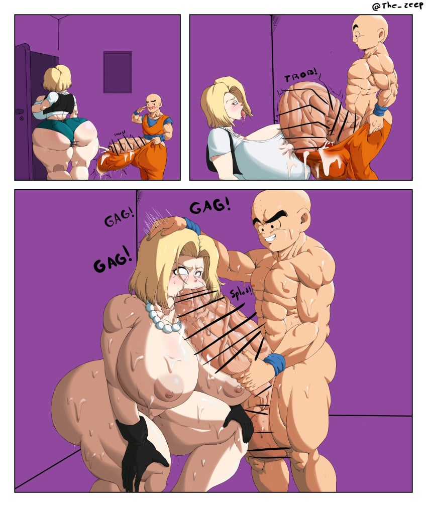 1boy 1girls ahe_gao android_18 bald blonde_hair blowjob blush canon_couple couple dragon_ball female huge_cock husband_and_wife hyper krillin kuririn large_ass large_breasts male muscular_male nipples sucking_penis sweat tagme the_zeep thick_thighs tongue_out