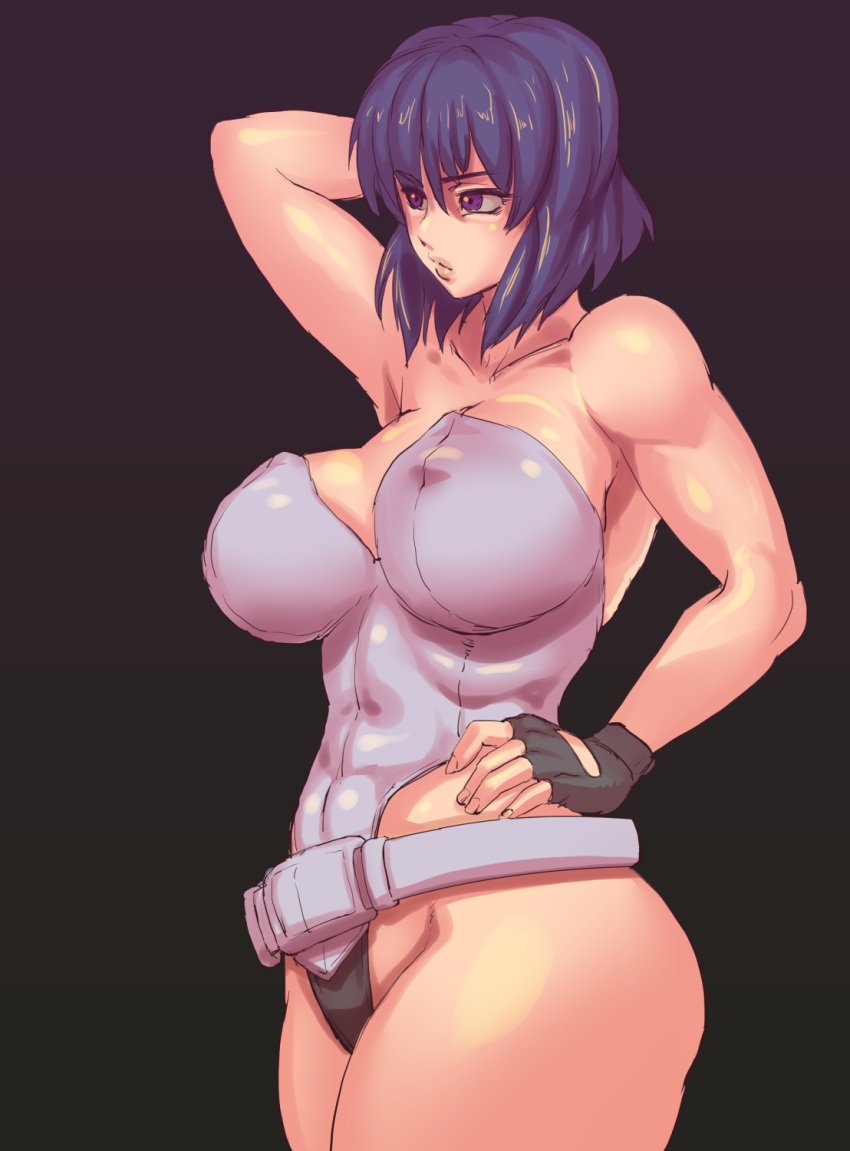 1girls arm_up bare_shoulders belt black_background breasts covered_erect_nipples female female_focus fingerless_gloves ghost_in_the_shell gloves groin hand_on_own_hip highres huge_breasts kusanagi_motoko large_breasts light-skinned_female light_skin lips purple_eyes purple_hair sashizume_soutarou short_hair simple_background solo thick_thighs thighs toned