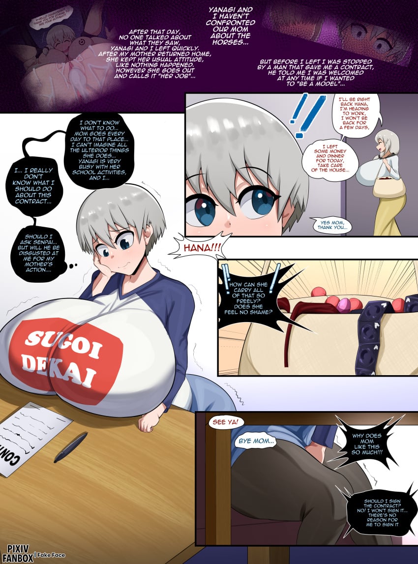 absurd_res bestiality big_breasts black_eyebrows blue_eyes breasts clothed clothing comic curvy_figure duo english_text eyebrows eyelashes fake_face fake_face_(artist) female glistening glistening_hair grey_hair hair hana_uzaki hi_res huge_breasts human human_only light_body light_skin mammal not_furry short_hair text tsuki_uzaki uzaki-chan_wa_asobitai! voluptuous zoophilia