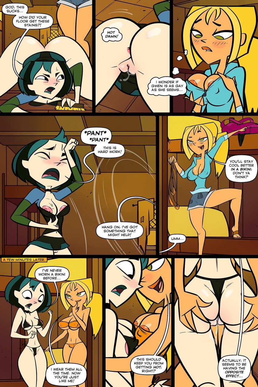 2girls anus apple_butt ass_grab asshole between_labia bikini black_hair blonde_hair blue_hair blush breasts bridgette_(tdi) bunk_bed cabin cameltoe cleavage cleft_of_venus clitoris comic goth gwen_(tdi) innie_pussy jab jab_comix laz_(madefromlazers) leg_up legs multicolored_hair multiple_girls nipple_slip nipples pussy shiny_skin skirt skirt_up string_bikini sweat tagme thick_thighs thighs total_drama_island tubetop wet wet_pussy yuri