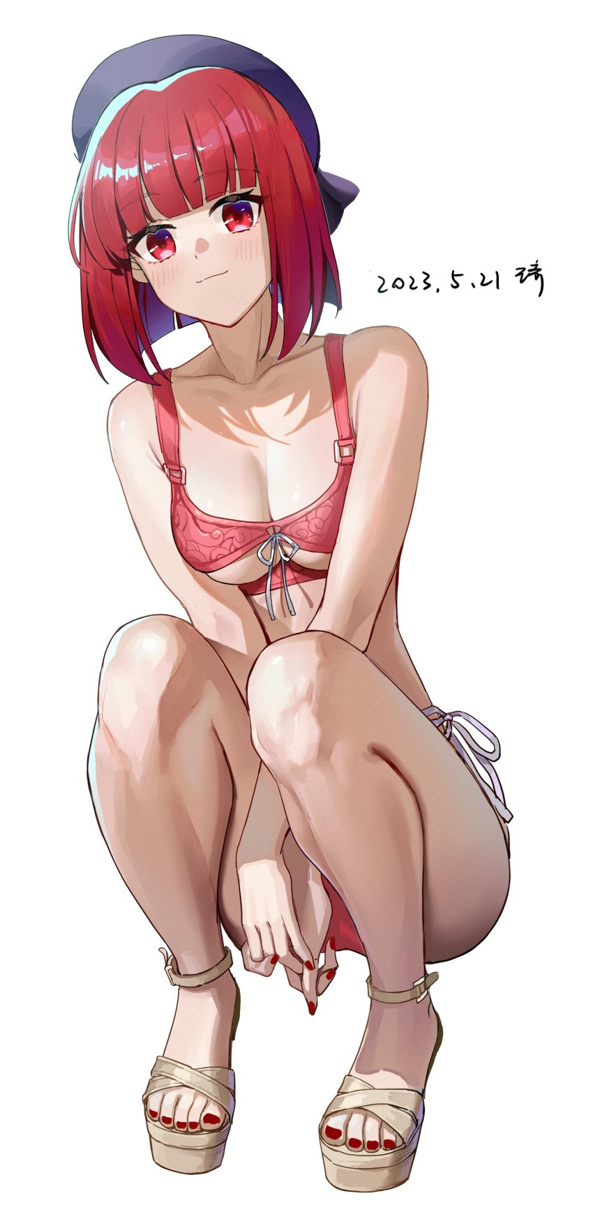 1girls absurd_res absurdres arima_kana arms_between_legs ass bare_arms bare_calves bare_chest bare_hands bare_hips bare_knees bare_legs bare_midriff bare_shoulders bare_skin bare_thighs beret black_ribbon blue_beret blunt_bangs blush blush_lines blushing_female bob_cut bra breasts cleavage collarbone cute dated dot_nose elbows eyebrows_visible_through_hair feet female female_focus female_only fingernails fingers full_body groin half_naked high_resolution highres hourglass_figure knees legs light-skinned_female light_skin looking_at_viewer medium_breasts nail nail_polish naked naked_female nude nude_female oshi_no_ko panties platform_sandals red_bra red_eyes red_eyes_female red_fingernails red_hair red_hair_female red_nail red_nail_polish red_panties red_toenail_polish red_toenails red_underwear ribbon sandals shoes short_hair shoulders simple_background sitting slender_body slender_waist slim_girl slim_waist smile smiling smiling_at_viewer soles solo squatting student teenager thick_ass thick_thighs thighs thin_waist toenail_polish toenails toes underboob underwear wangqi white_background wide_hips