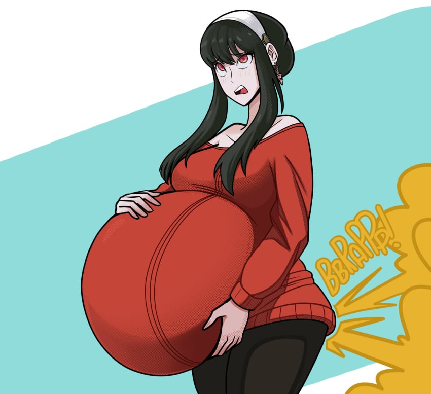 1girls big_belly black_hair bloated_belly blush clothed clothing color cradling earrings fart female female_only gassy holding_belly lolotron6 long_hair red_eyes spy_x_family stuffed_belly text yor_briar